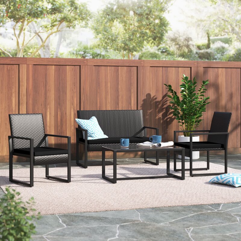 Thea 4 Piece Complete Wicker Patio Set with Cushions Black